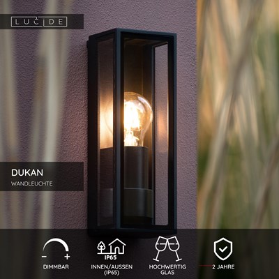 Lucide DUKAN - Wandleuchte Innen/Außen - 1xE27 - IP65 - Schwarz
